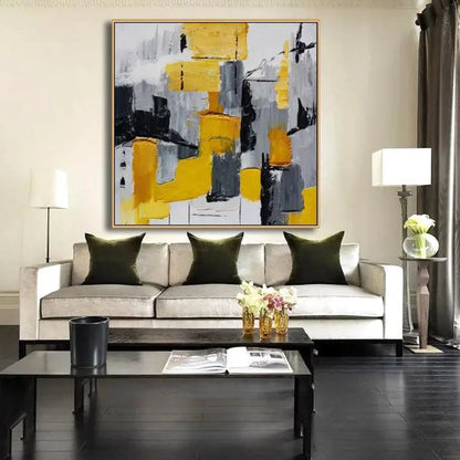 Room mockup. Rough yellow and grey rectangular blocks overlap black and white strokes, with fine lines and downward drips.