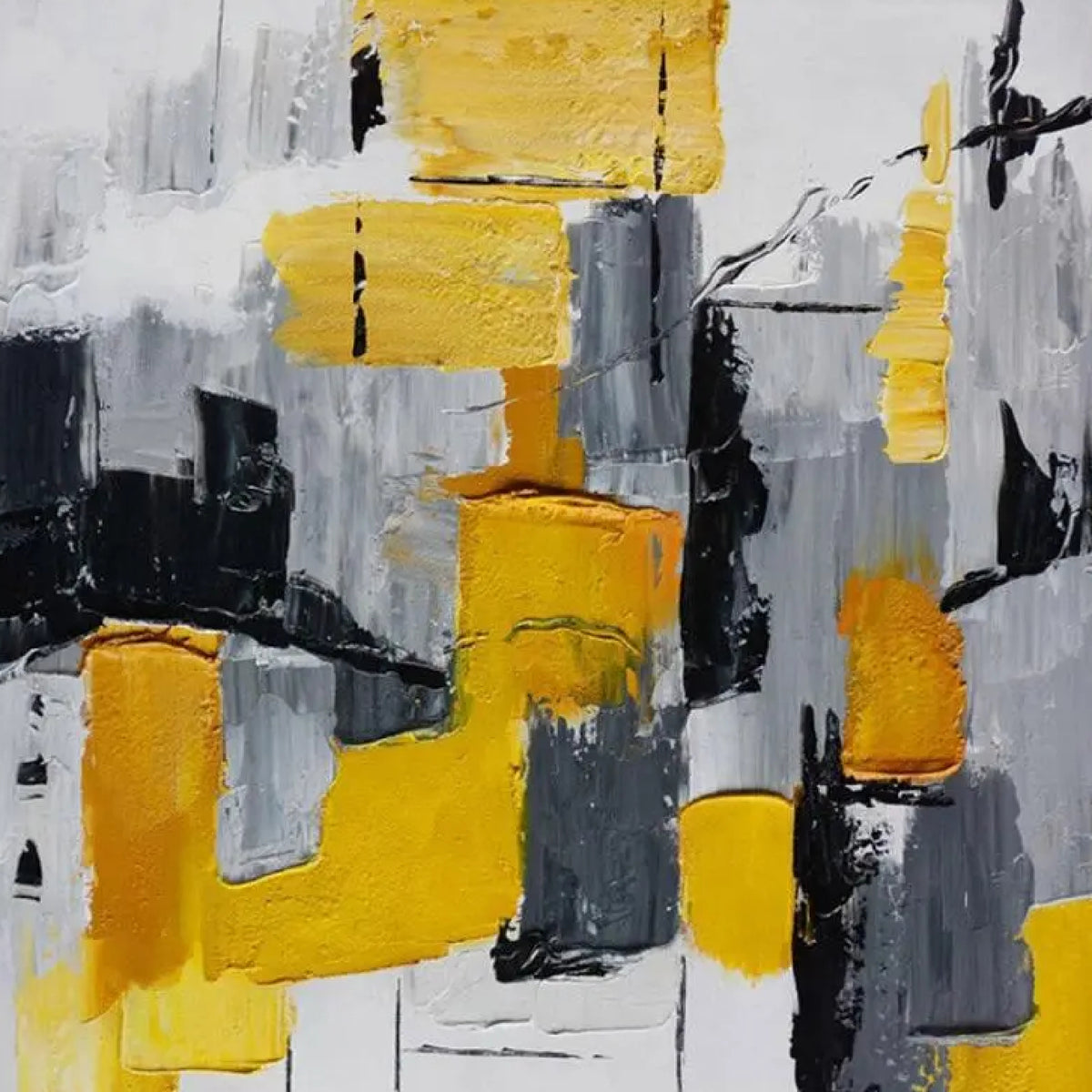 Close-up. Rough yellow and grey rectangular blocks overlap black and white strokes, with fine lines and downward drips.
