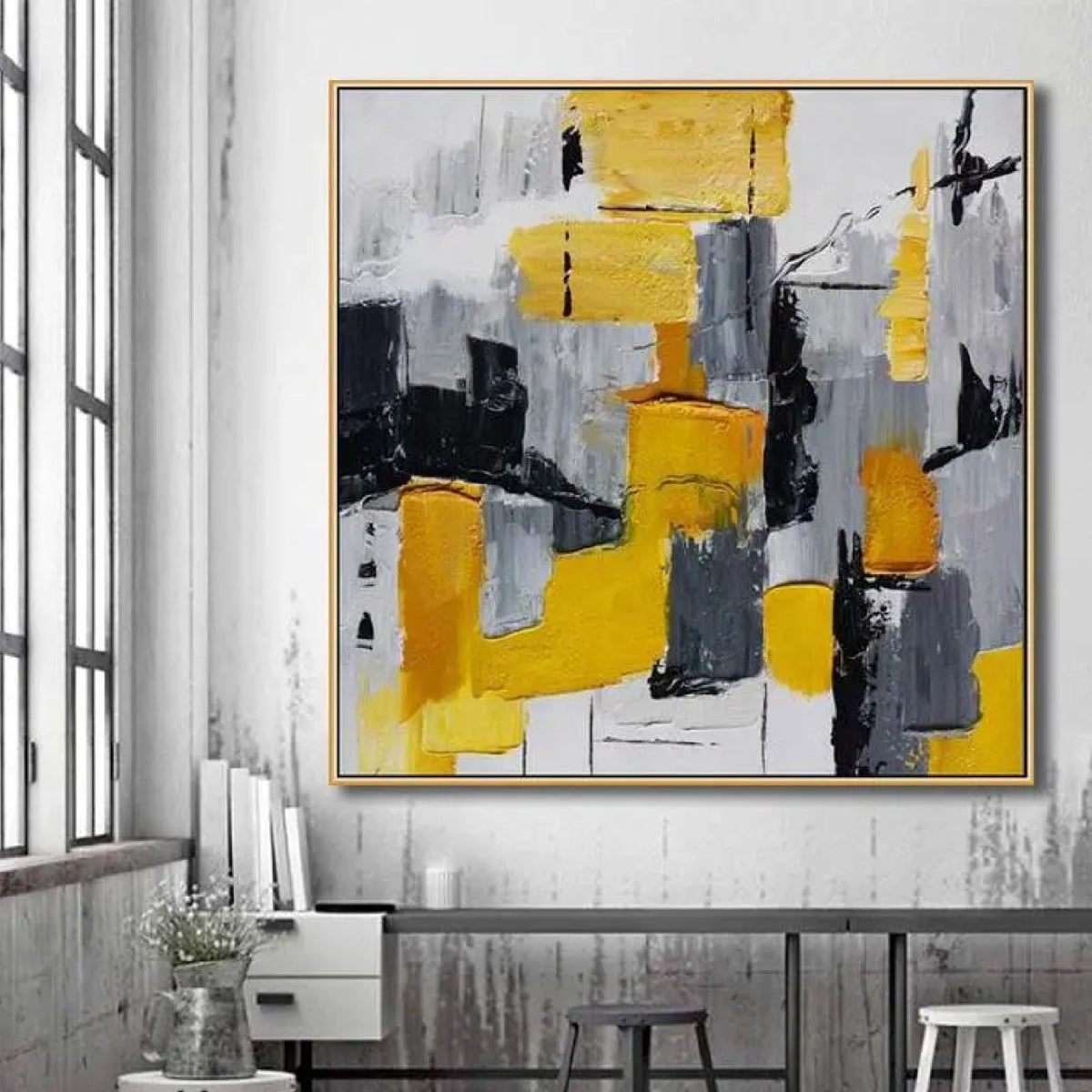 Room mockup. Rough yellow and grey rectangular blocks overlap black and white strokes, with fine lines and downward drips.