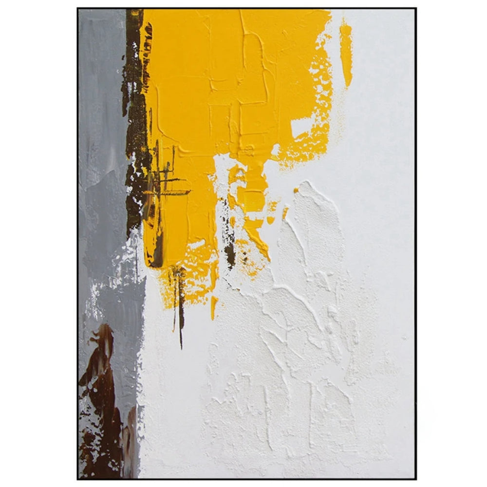 Textured white abstract with a large mustard yellow upper block and narrow grey and brown marks along the left.