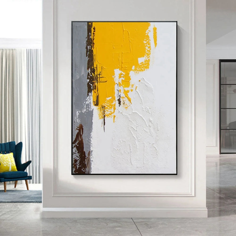 Room mockup showing textured white abstract with a large mustard yellow upper block and narrow grey and brown marks along the left.