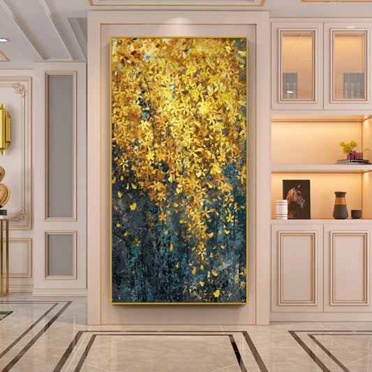Room mockup. Dense yellow and ochre leaf-like dabs cascade from a bright upper area into a deep teal lower field.