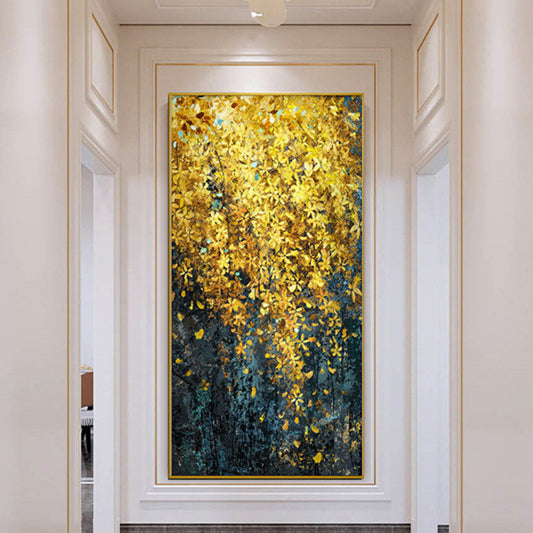 Room mockup. Dense yellow and ochre leaf-like dabs cascade from a bright upper area into a deep teal lower field.