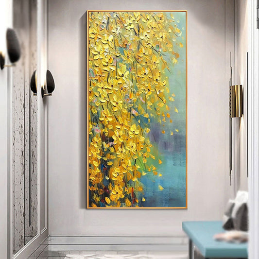 Room mockup. Dense raised yellow leaf-like dabs cascade down the left side of a turquoise and blue ground.