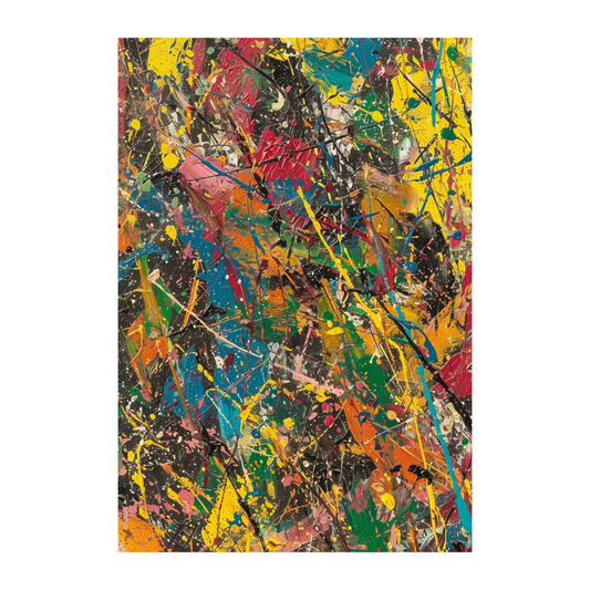 Hand-painted canvas showing yellow, red, green, blue, orange and black splashes in layered drips.