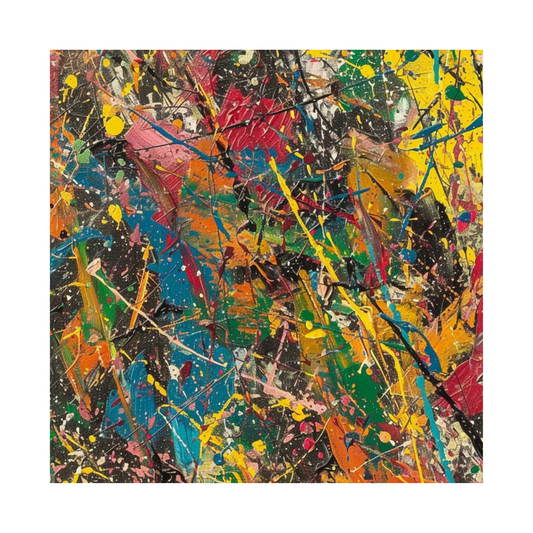 Square crop showing yellow, red, green, blue, orange and black splashes in layered drips.