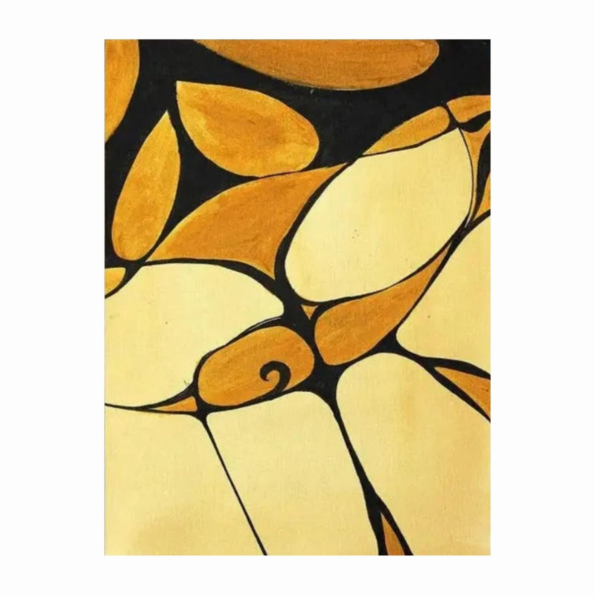 Curved yellow and ochre shapes divided by bold black lines with a small spiral motif.