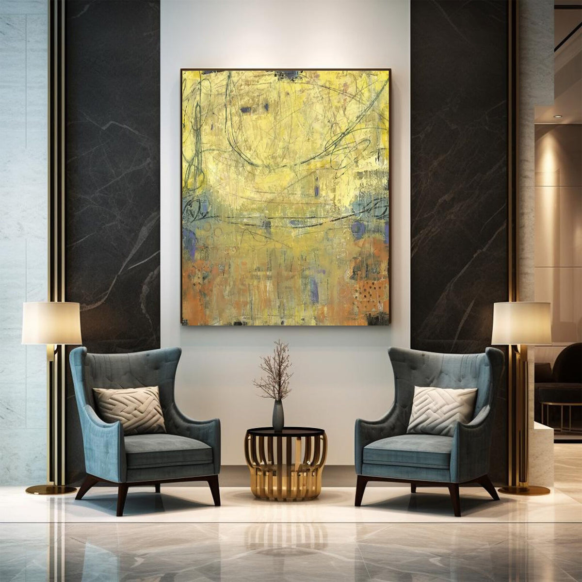 Room mockup. Yellow and ochre fields with muted blue-grey patches, thin dark looping lines and layered scratched marks.