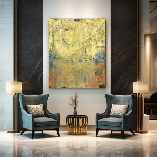 Room mockup. Yellow and ochre fields with muted blue-grey patches, thin dark looping lines and layered scratched marks.