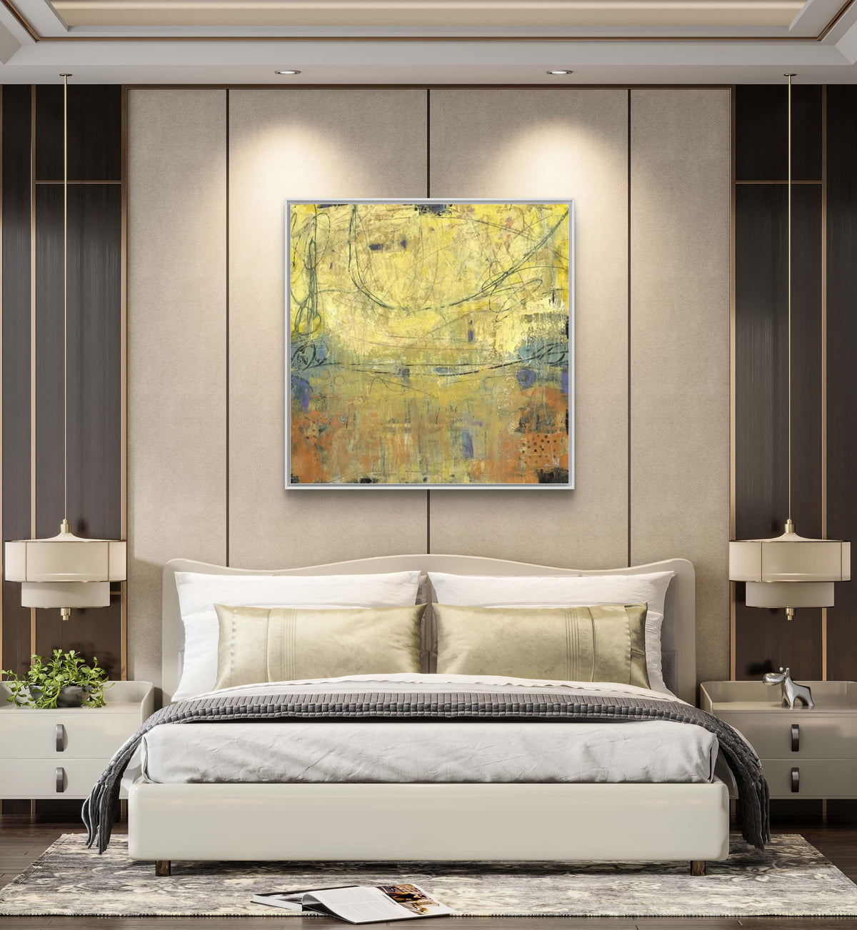 Room mockup. Yellow and ochre fields with muted blue-grey patches, thin dark looping lines and layered scratched marks.