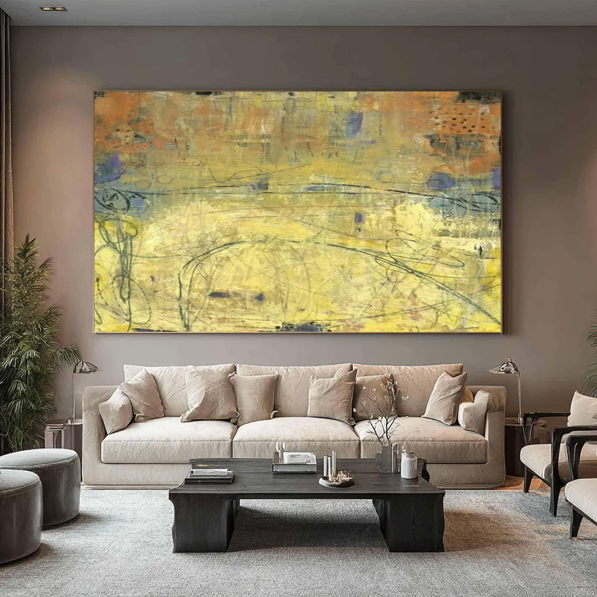Room mockup. Yellow and ochre fields with muted blue-grey patches, thin dark looping lines and layered scratched marks.