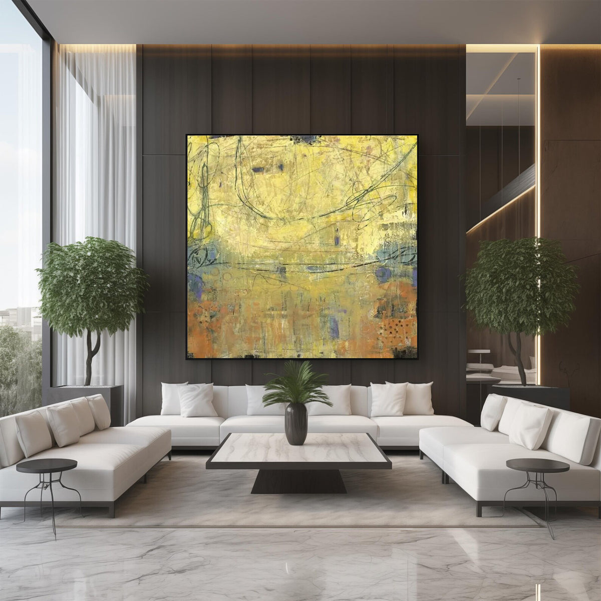 Room mockup. Yellow and ochre fields with muted blue-grey patches, thin dark looping lines and layered scratched marks.