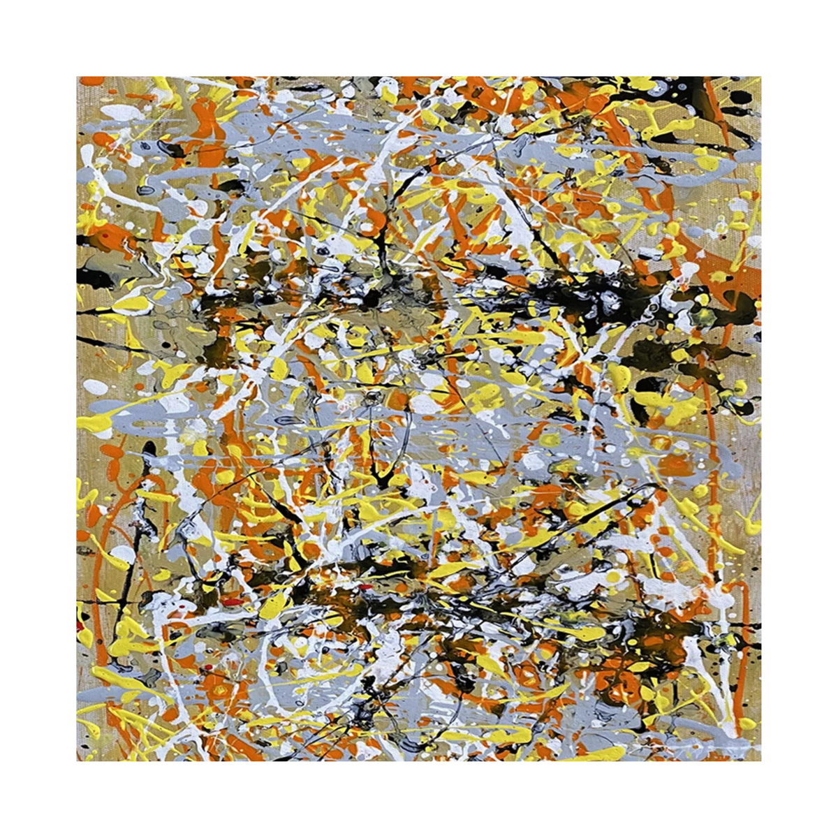 Square crop showing yellow and orange marks layered with grey, black and white splashes.