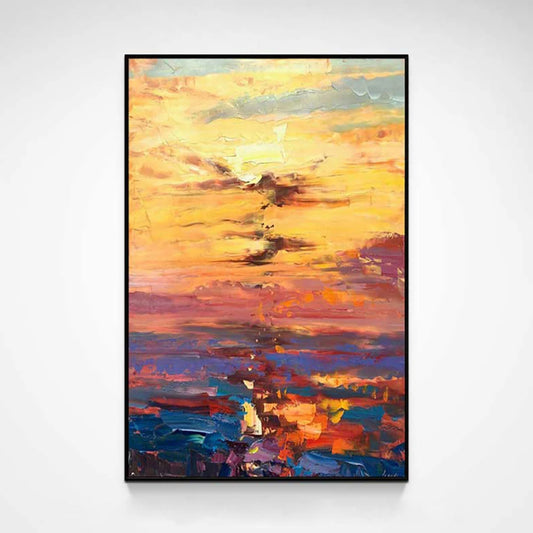 Broad yellow and orange sky strokes over purple, red and deep blue water with a bright central reflection.