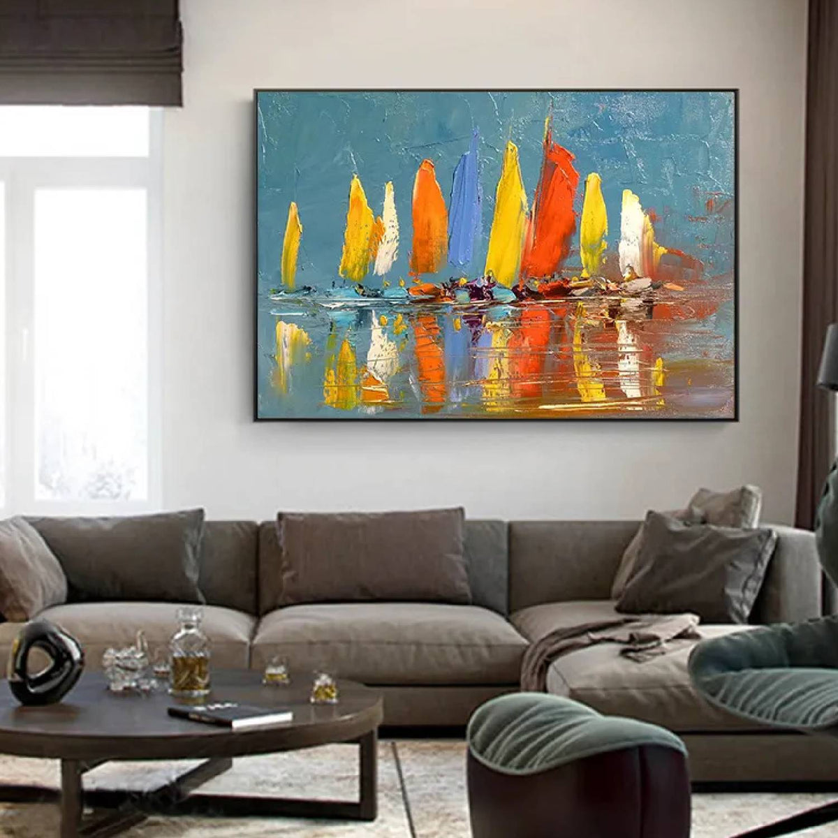 Room mockup. A row of boats with bright yellow, orange and white sails reflected in muted blue-grey water.