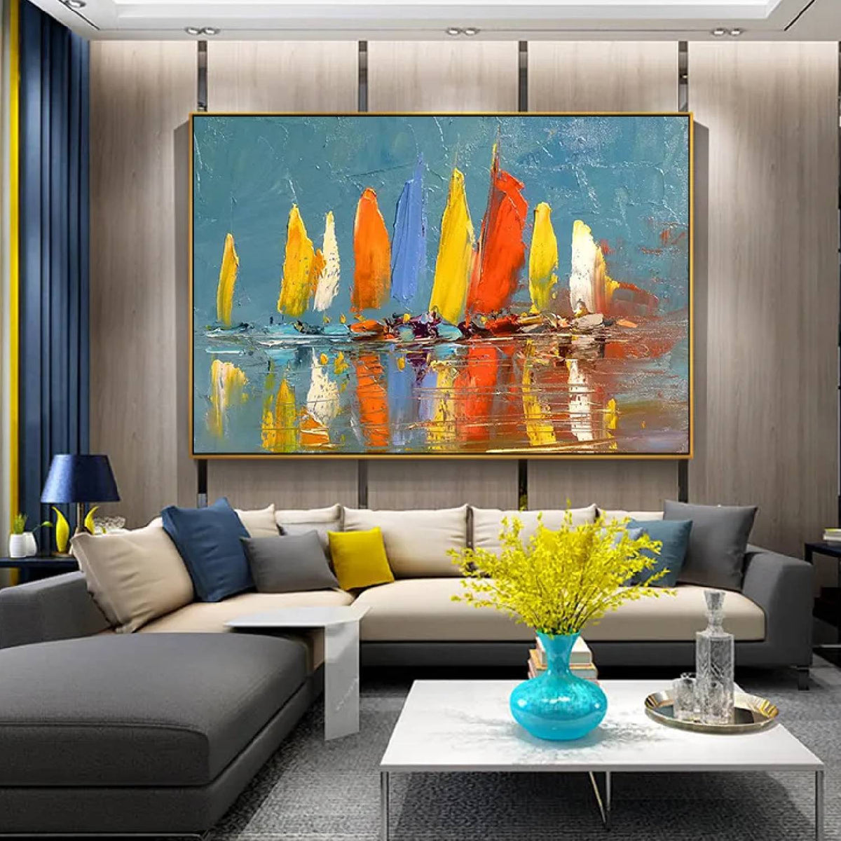 Room mockup. A row of boats with bright yellow, orange and white sails reflected in muted blue-grey water.
