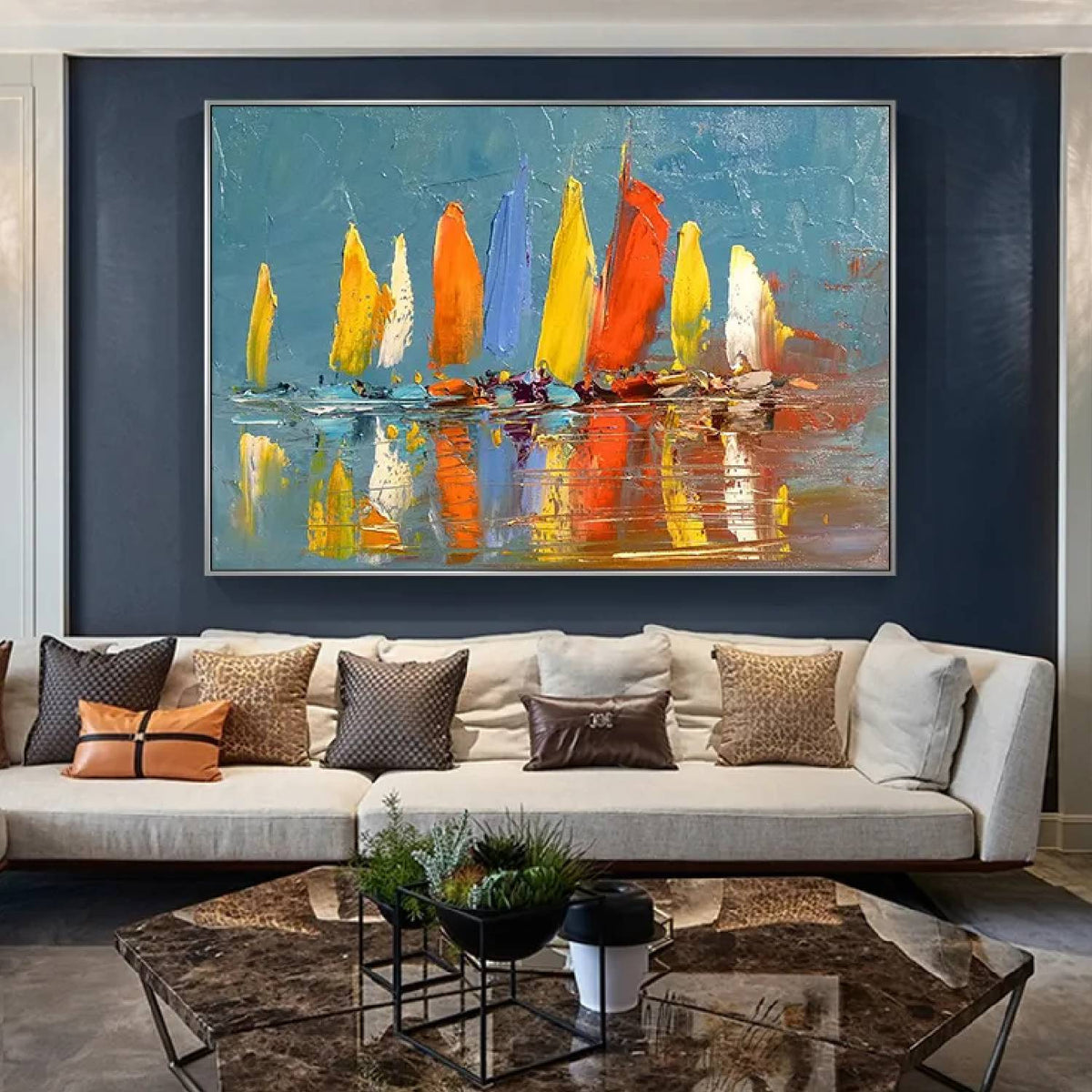 Room mockup. A row of boats with bright yellow, orange and white sails reflected in muted blue-grey water.