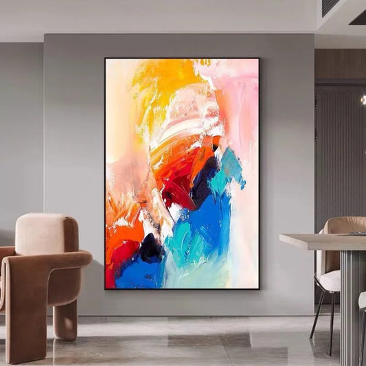 Room mockup showing broad yellow, pink, red, turquoise and deep blue strokes with white curved marks.