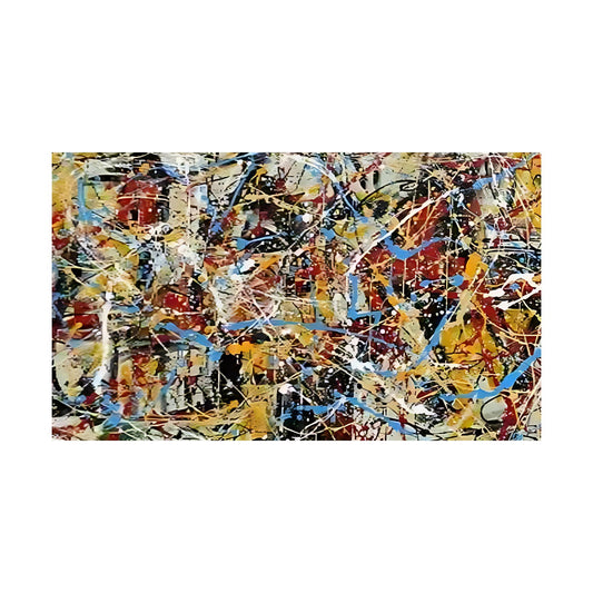 Abstract art with splashes of red, yellow, blue, and white on a white background
