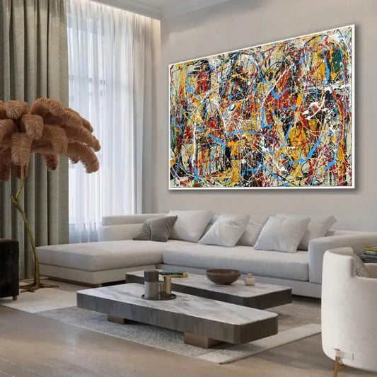 Room mockup. Dense white looping drips cross red, yellow, blue and black patches in a layered abstract composition.