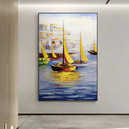 Room mockup. Yellow sails and dark boat hulls reflected in blue water beside pale waterfront buildings with warm yellow accents.