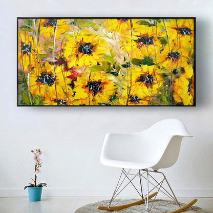 Room mockup. Bright yellow sunflowers with dark centres and green stems spread across a loosely brushed yellow-green field.