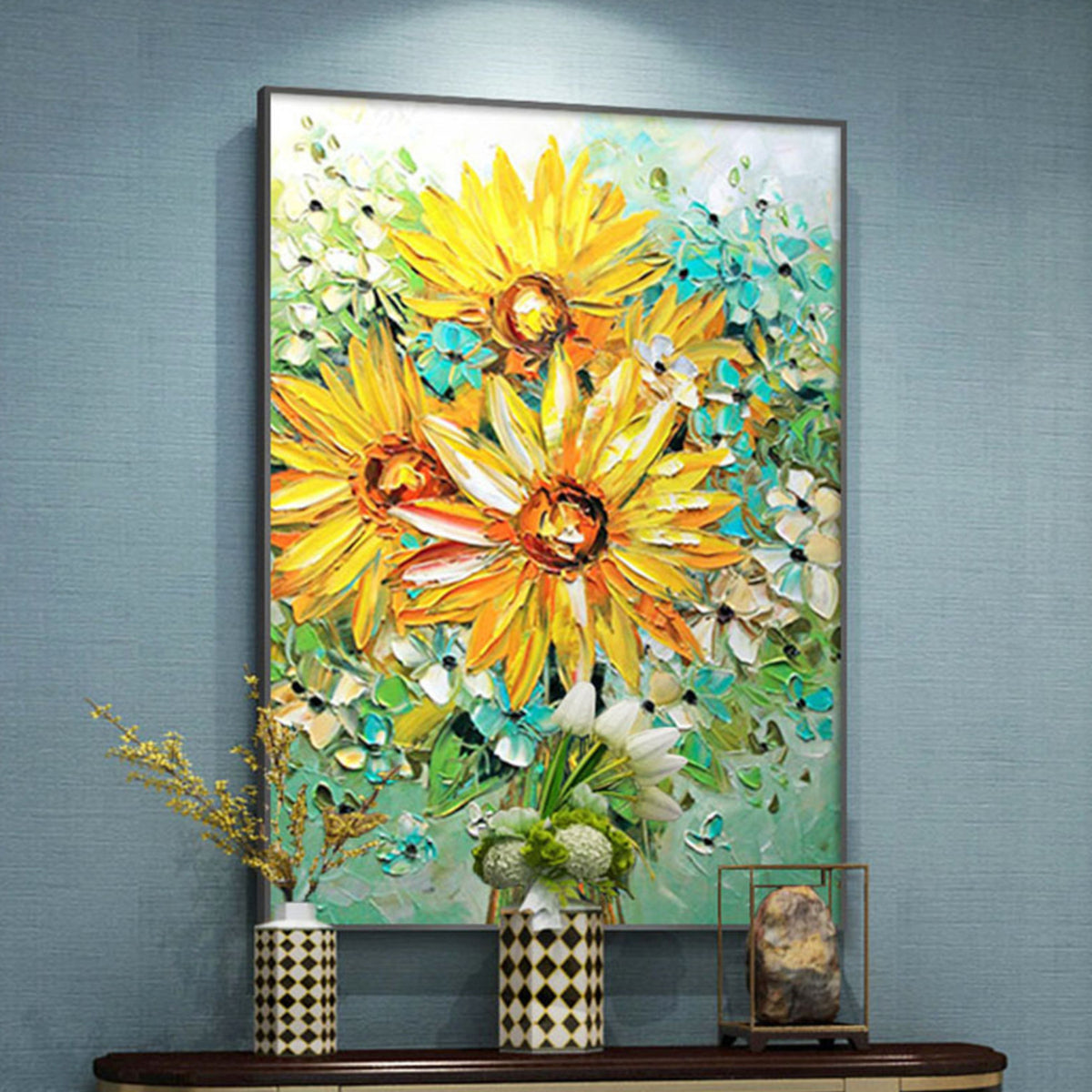 Room mockup. Yellow sunflowers and small white blooms with green foliage against a pale turquoise textured background.