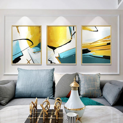 Room mockup showing three abstracts with bold yellow, teal and white geometric fields crossed by sweeping black lines.