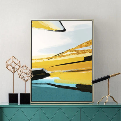 Room mockup showing angular yellow and teal horizontal bands with white areas, black edges and gold-coloured accents.