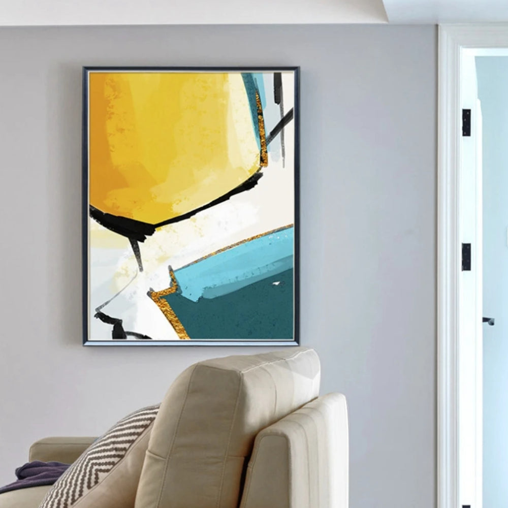 Room mockup showing large yellow upper field and teal lower block divided by white and a bold black curved edge.
