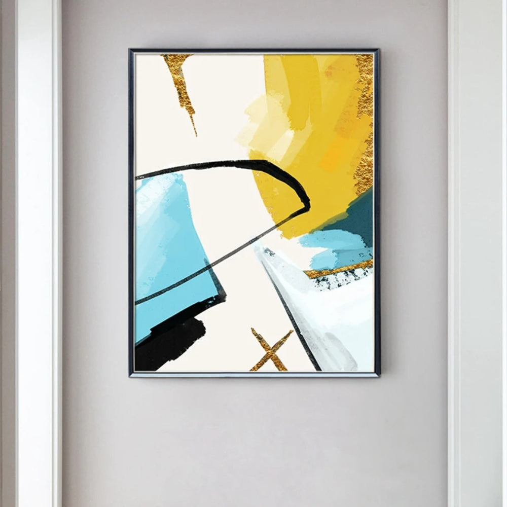 Yellow and turquoise fields crossed by sweeping black curves and thin diagonal lines over white.