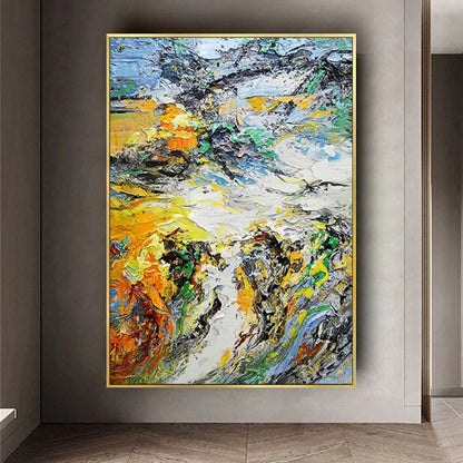 Room mockup showing dense expressive yellow, white, dark grey and green strokes with small orange and blue accents.