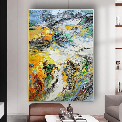 Room mockup showing dense expressive yellow, white, dark grey and green strokes with small orange and blue accents.