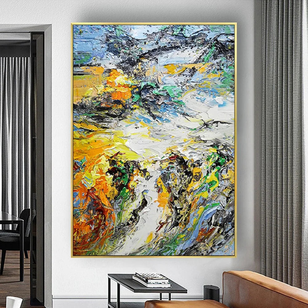 Room mockup showing dense expressive yellow, white, dark grey and green strokes with small orange and blue accents.