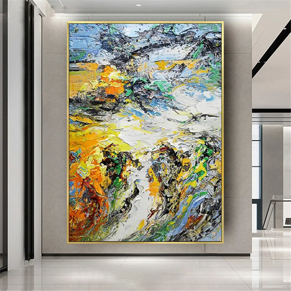Room mockup showing dense expressive yellow, white, dark grey and green strokes with small orange and blue accents.
