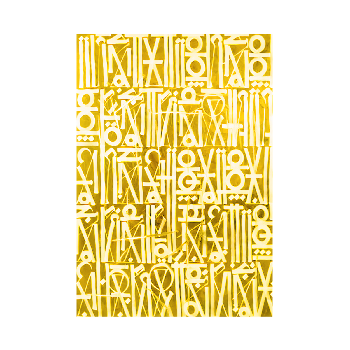 White geometric symbols and stylised letterforms in dense rows on a mustard yellow background.