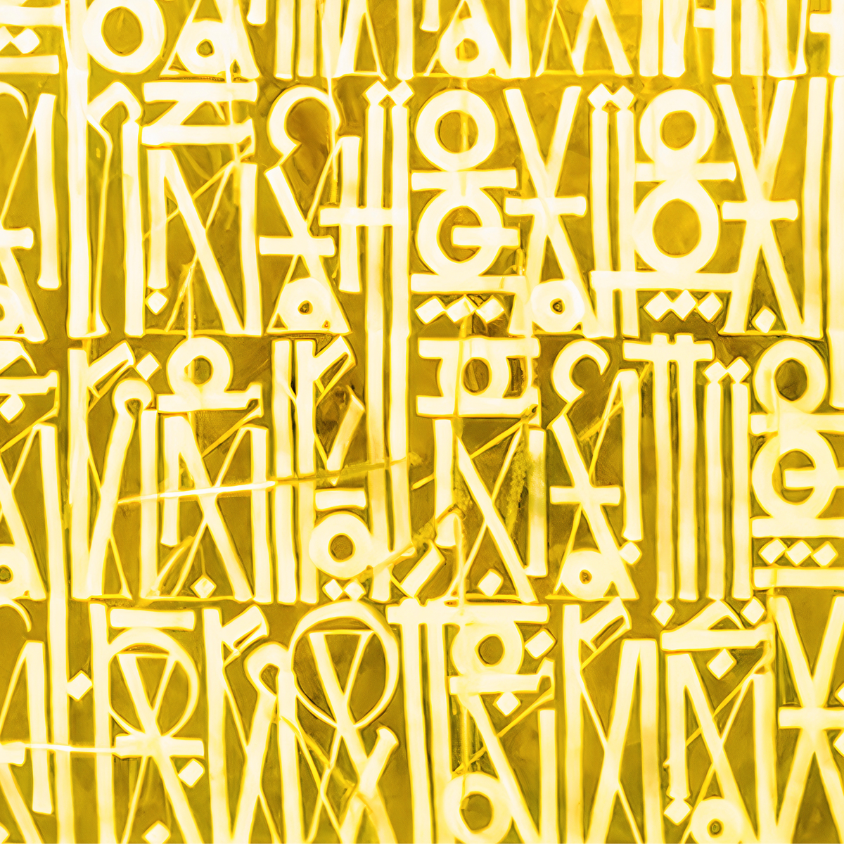 Close-up of white geometric symbols and stylised letterforms in dense rows on a mustard yellow background.