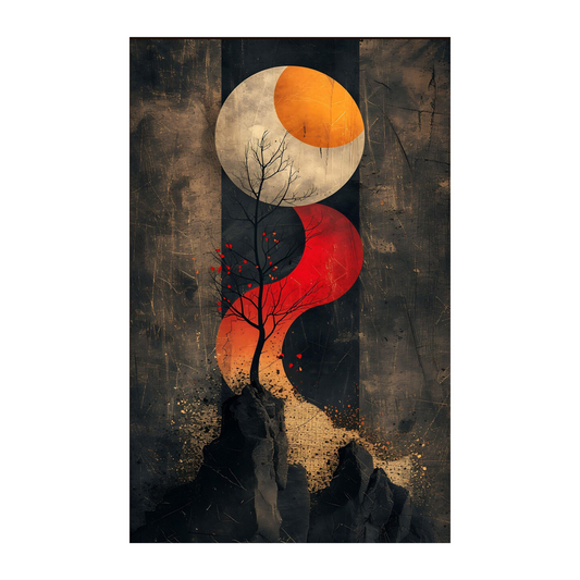 Abstract sun, moon and tree composition with orange, red, cream and black flowing forms.