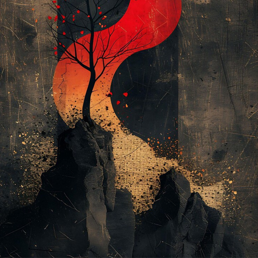 Close-up of a branching tree, red accents and flowing cream forms over dark rocks.