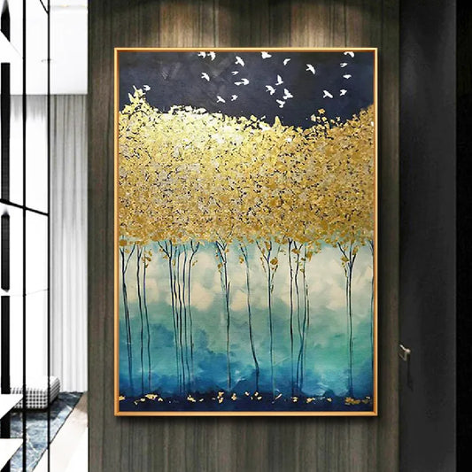 Large Gold Foil Textured Forest Landscape Painting