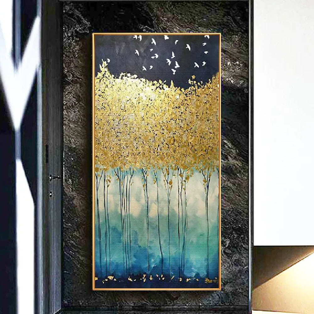 Large Gold Foil Textured Forest Landscape Painting