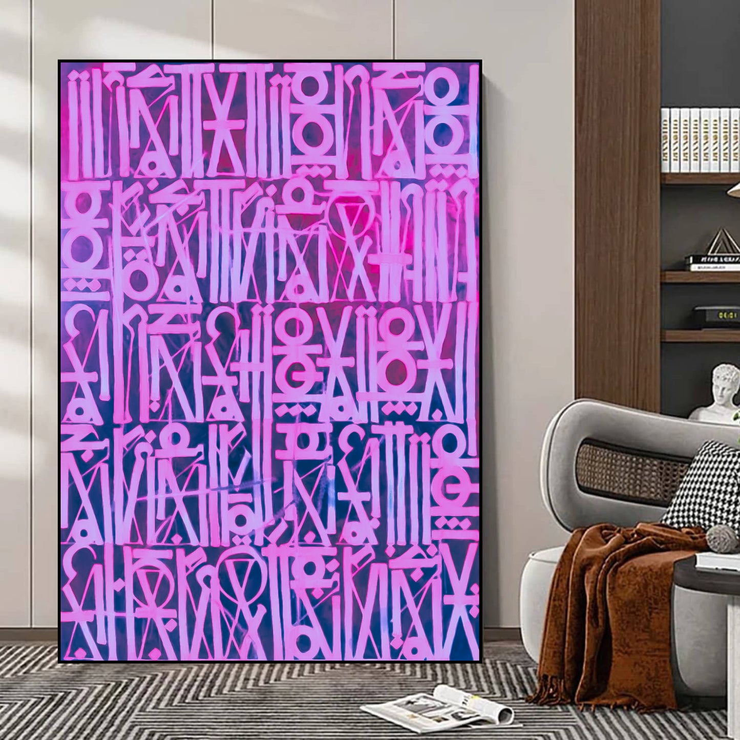 Retna-Inspired Pink Calligraphic Canvas Oil Painting