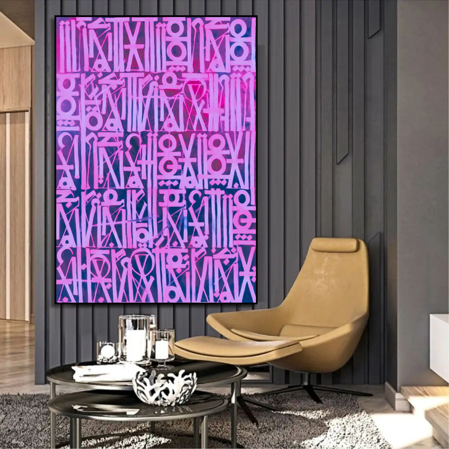 Retna-Inspired Pink Calligraphic Canvas Oil Painting