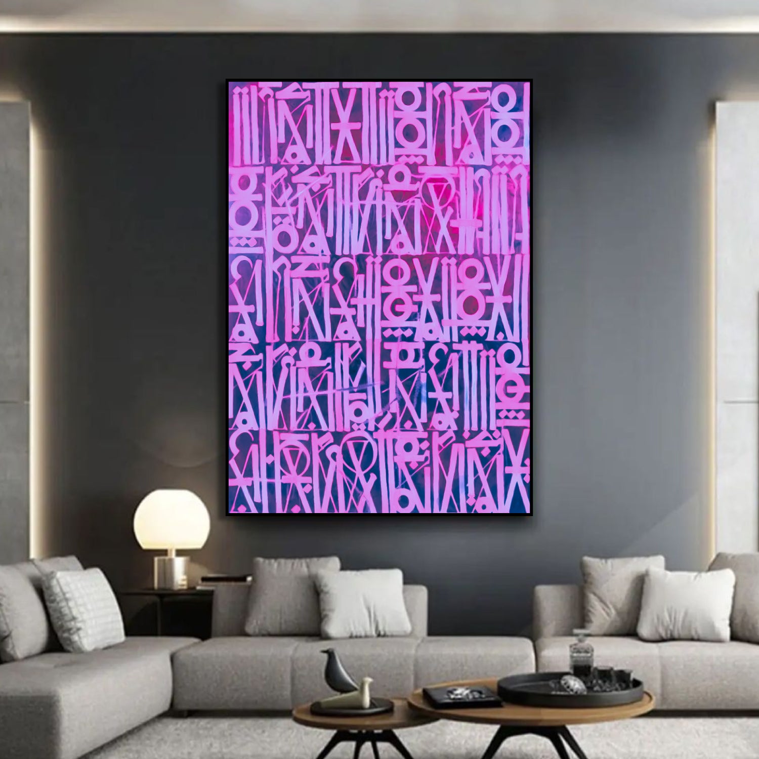 Retna-Inspired Pink Calligraphic Canvas Oil Painting