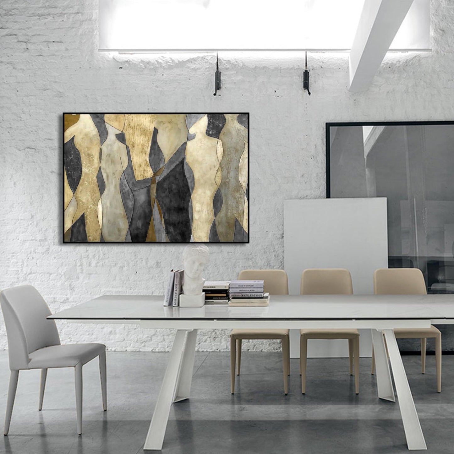 Abstract Grey & Gold Figures Dancing Artwork