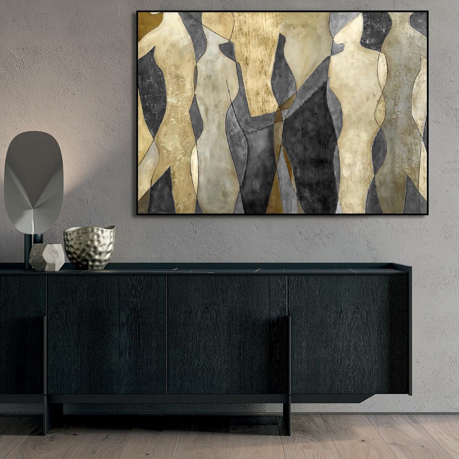 Abstract Grey & Gold Figures Dancing Artwork