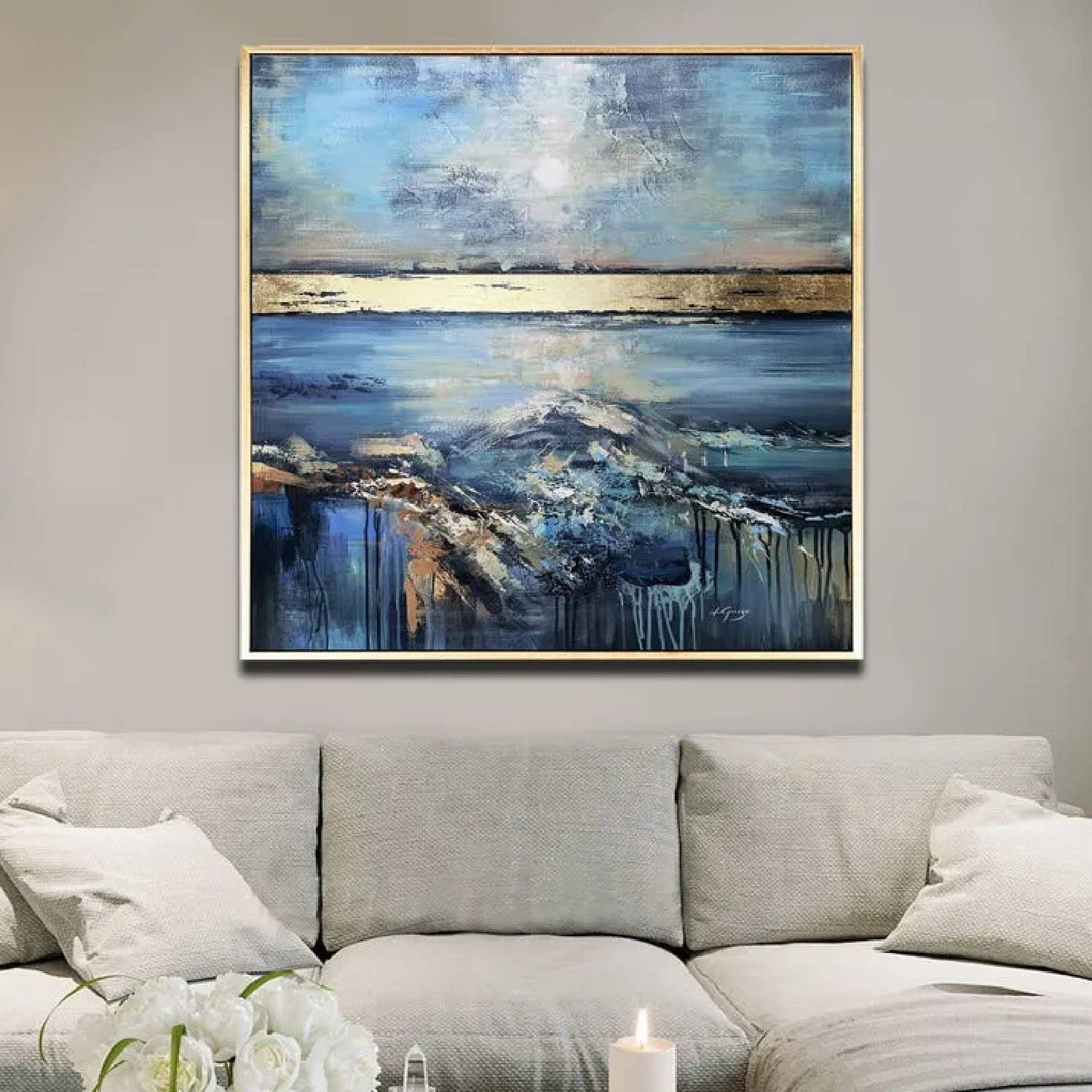 Acrylic Blue Skyline Seascape Texture Oil Painting