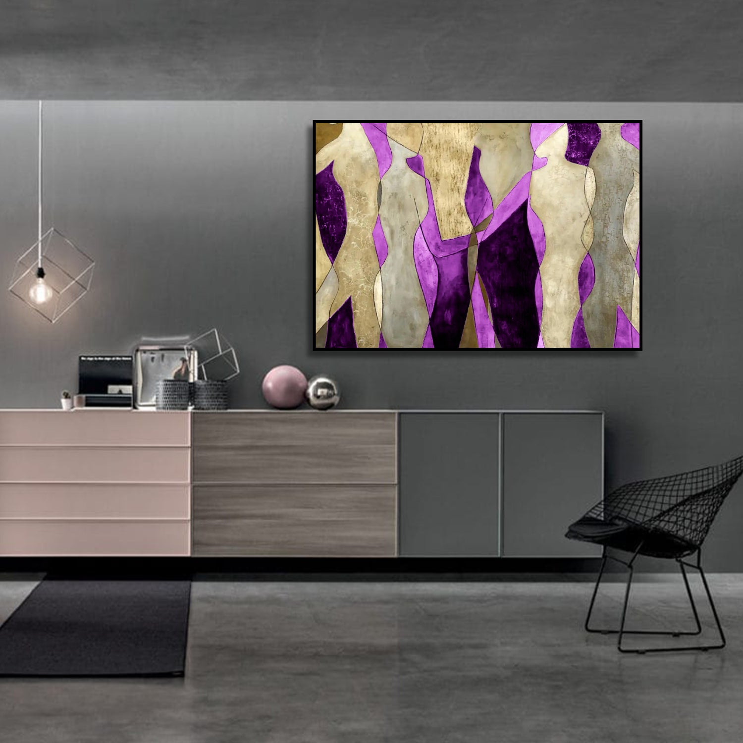 Acrylic Pink and Golden Dancing Figures Abstract Art