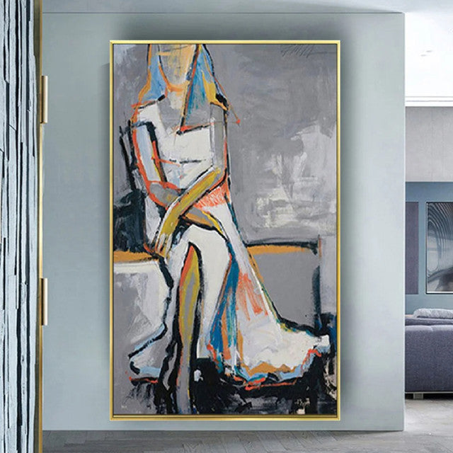 Room mockup. Angular seated woman in white and grey, with black outlines and ochre, blue and orange accents.