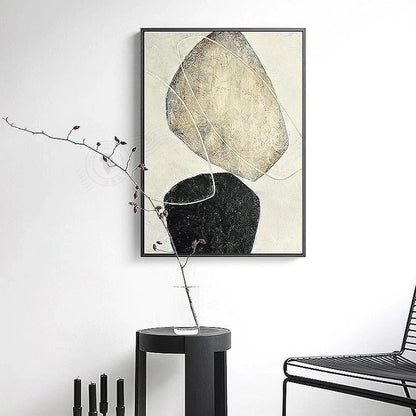 Room mockup. A large tilted beige rounded shape floats above a smaller black form, crossed by fine pale curves on cream.
